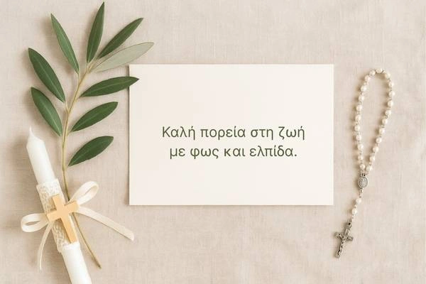 Κάρτα με λαμπάδα με ξύλινο σταυρό, ροζάριο και κλαδί ελιάς σε λινό φόντο, θρησκευτικές ευχές για βάπτιση