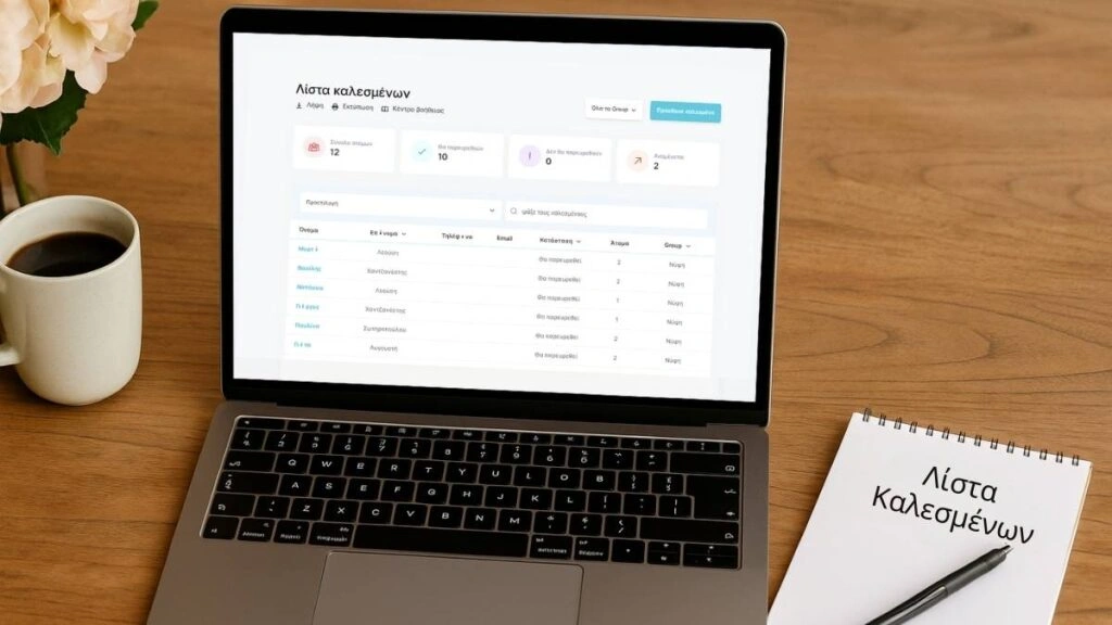 Λάπτοπ σε ξύλινο τραπέζι με ανοιχτή την εφαρμογή "Λίστα καλεσμένων" του Wedmyway και σημειωματάριο με στυλό δίπλα.