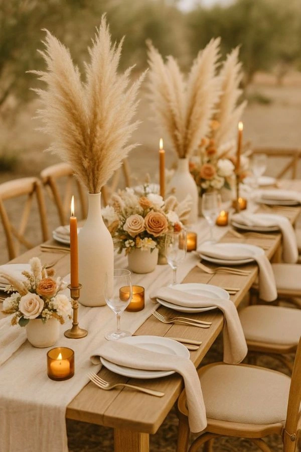 Boho στολισμός δεξίωσης με pampas grass, λουλούδια σε τερακότα και μπεζ αποχρώσεις, κεράκια και λινό runner σε ξύλινο τραπέζι για φυσική, ρομαντική ατμόσφαιρα.