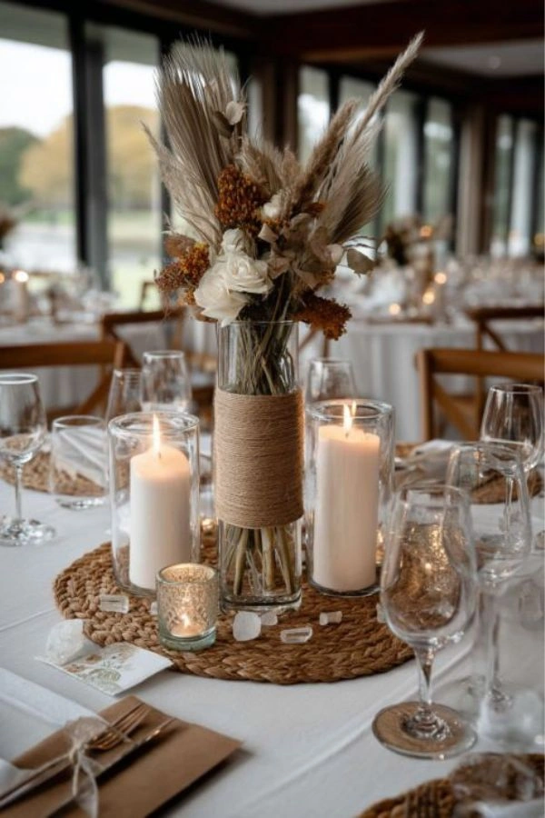 Boho στολισμός δεξίωσης με αποξηραμένα λουλούδια, pampas grass, κεριά και φυσικά υλικά πάνω σε ψάθινο σουπλά, σε τραπέζι με ουδέτερη παλέτα και ζεστή ατμόσφαιρα.