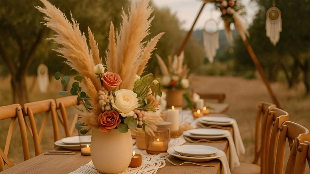 Boho στολισμός γάμου σε εξωτερικό χώρο με τραπέζι διακοσμημένο με pampas, μακραμέ runner, κεράκια και λουλούδια σε γήινους τόνους κάτω από δέντρα.