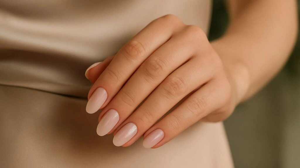 Κοντινό χεριού καλεσμένης με nude milky μανικιούρ σε almond σχήμα και διακριτική λάμψη πάνω σε σατέν φόρεμα, ιδανική ιδέα για νύχια για γάμο.