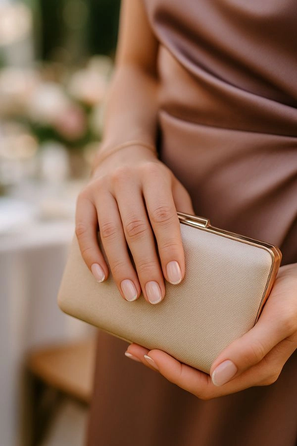 Κοντό nude milky γαλλικό μανικιούρ σε καλεσμένη γάμου που κρατά σαμπανί clutch σε φόντο δεξίωσης, κομψό και διακριτικό.