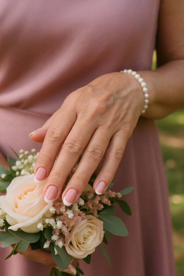 Κοντινό σε χέρι μαμάς νύφης με κομψό dusty rose γαλλικό μανικιούρ και λεπτή λευκή γραμμή, φυσική υφή δέρματος, μαργαριταρένιο βραχιόλι και ρομαντικό φόντο δεξίωσης.