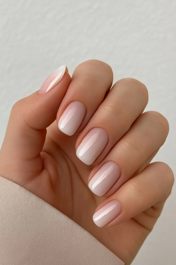 Κοντινό σε χέρι καλεσμένης με ombre milky μανικιούρ ροζ προς λευκό, μεσαίο μήκος και ουδέτερο φόντο, κομψή επιλογή για γάμο.