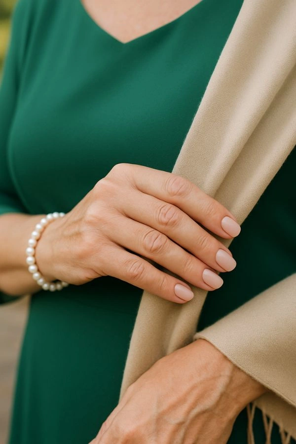 Κοντινό σε χέρι ώριμης γυναίκας που ρίχνει μπεζ εσάρπα στον ώμο, με πράσινο φόρεμα και κοντό στρογγυλό nude μανικιούρ, μαργαριταρένιο βραχιόλι, κομψό look γάμου.