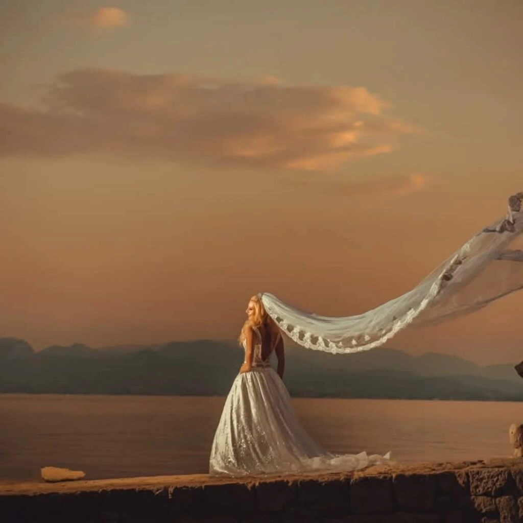 Νύφη με μακρύ πέπλο σε ρομαντικό ηλιοβασίλεμα δίπλα στη θάλασσα από την Wedding Stars
