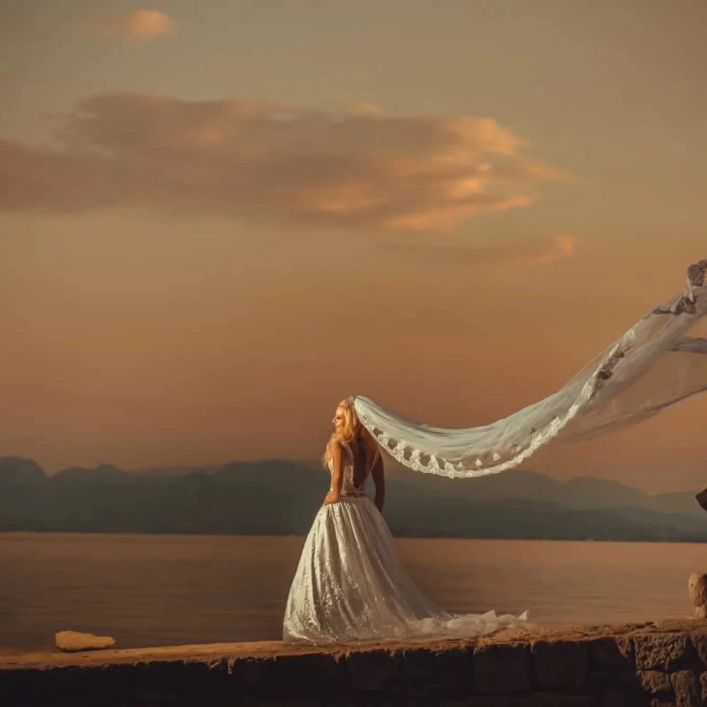 Νύφη με μακρύ πέπλο σε ρομαντικό ηλιοβασίλεμα δίπλα στη θάλασσα από την Wedding Stars
