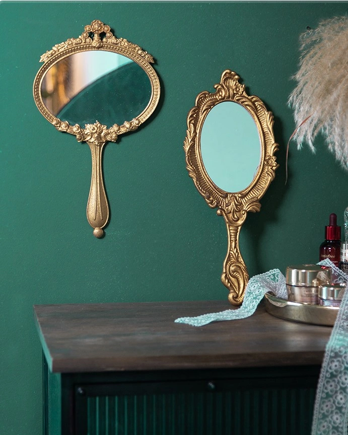Wall-Hanged Vintage Mirror with Gold Carvings and Handle | The