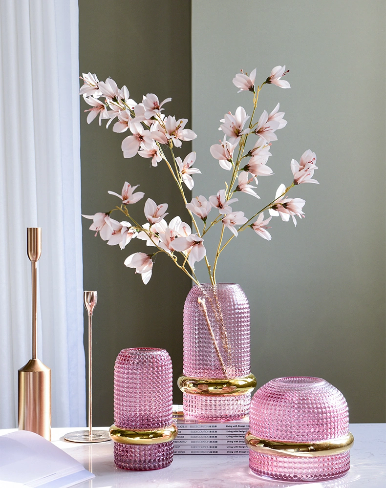 Pink Bubble Glass Vases with Gold Belt