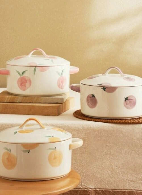 White Ceramic Pot with Fruit Prints