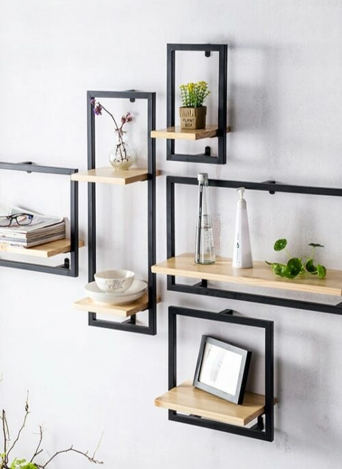 Wooden Floating Shelves with Black Metal Frame