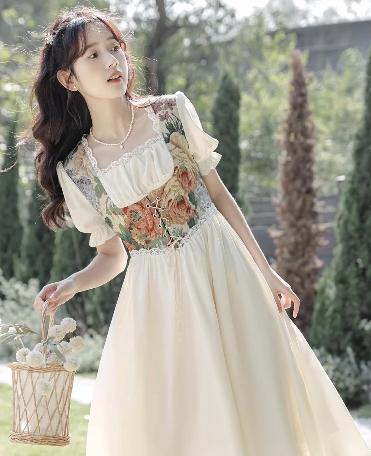 chocolate brown dresses women's dresses Straps Blue Floral Corset A-line Ruffle Prom Dress – Dressesforparty