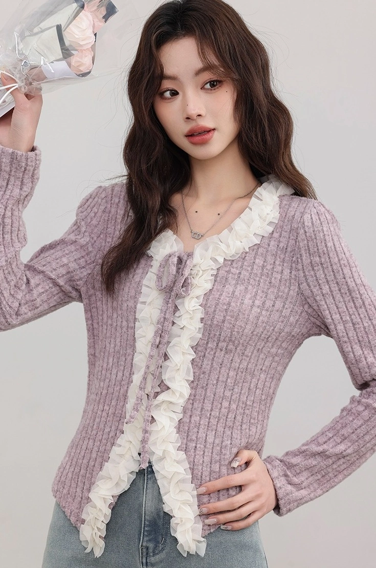 Purple Knitted Sweater With Ruffles