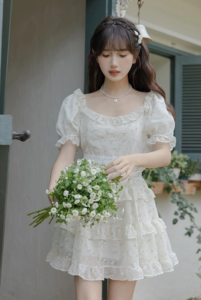 Ruffled Floral Short Dress With Ribbon Waist | The Other Aesthetic Ruffled Floral Short Dress With Ribbon Waist | The Other Aesthetic