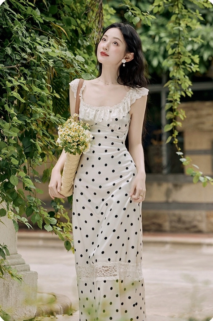 Apricot Polka Dot Dress With Lace Detailing | The Other Aesthetic Apricot Polka Dot Dress With Lace Detailing | The Other Aesthetic