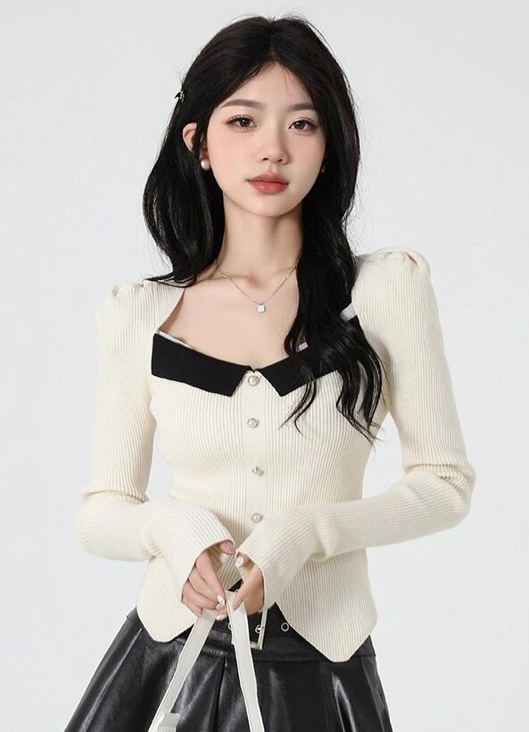 Apricot Square Neck Knitted Sweater
