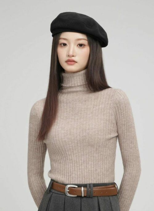 Khaki High Collar Long Sleeve Knit Sweater