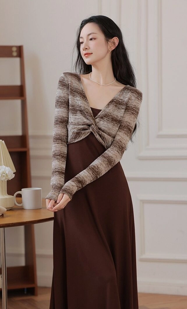 Plain Sleeveless Dress With Knitted Tie Knot Front Cardigan L Brown