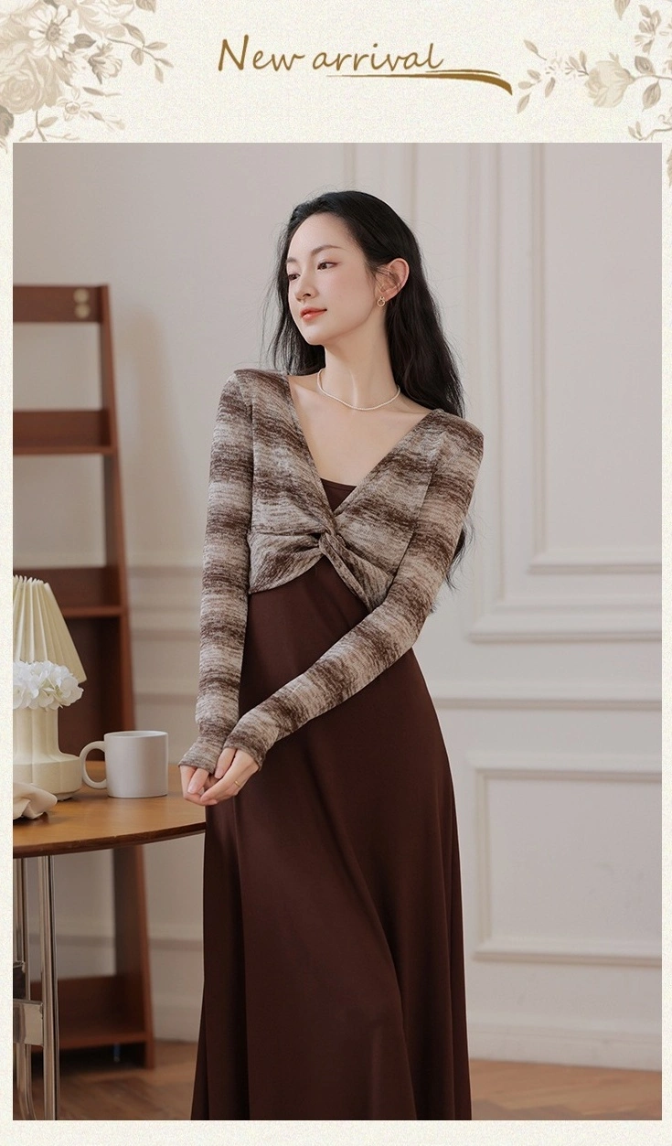 Plain Sleeveless Dress With Knitted Tie Knot Front Cardigan L Brown Plain Sleeveless Dress With Knitted Tie Knot Front Cardigan L Brown