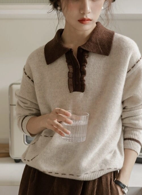 Brown Two-Tone Collared Sweater