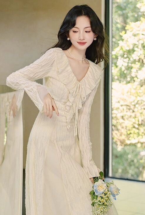 Apricot Doll Collar Long Sleeve Dress L Beige