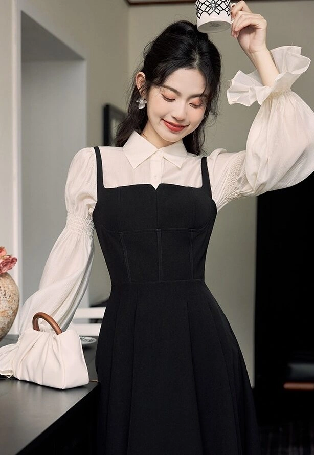 chinese dress ladies Elegant Sleeves Women's Black Dress / Aesthetic Female Long Dress with Deep Neck