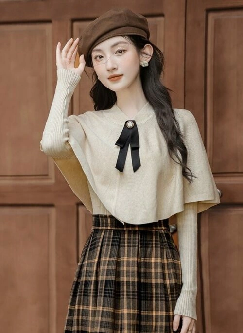 Apricot Sweater Top With Plaid Skirt Set