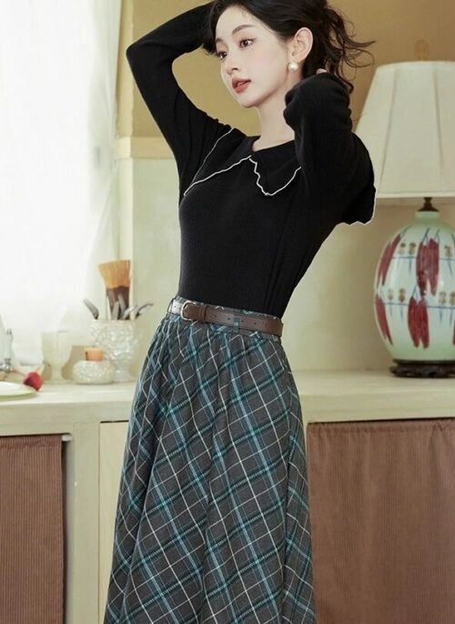 Black Collared Top and Plaid Skirt With Belt