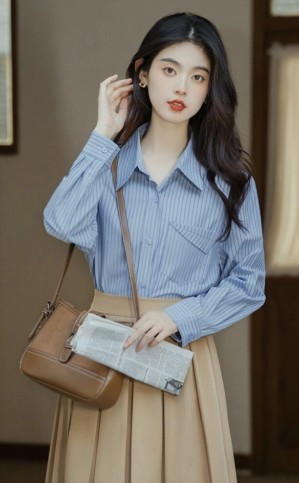 Blue Striped Collared Shirt and Khaki Skirt Set | The Other Aesthetic