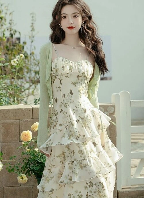 Green Floral Sleeveless Dress And Cardigan