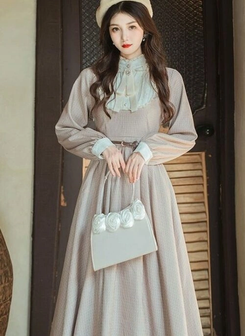 Khaki Semi Turtleneck Long Sleeve Dress With Belt