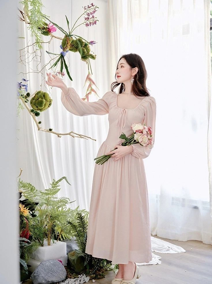 Pink Long Sleeve Square Neck Dress | The Other Aesthetic