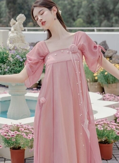 Pink Square Neck Dress With 3D Floral and Pearls