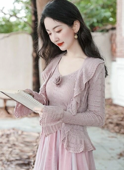 Purple Cardigan, Camisole And Skirt Set