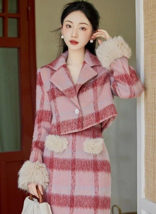 Red Plaid Woolen Coat And Skirt Set
