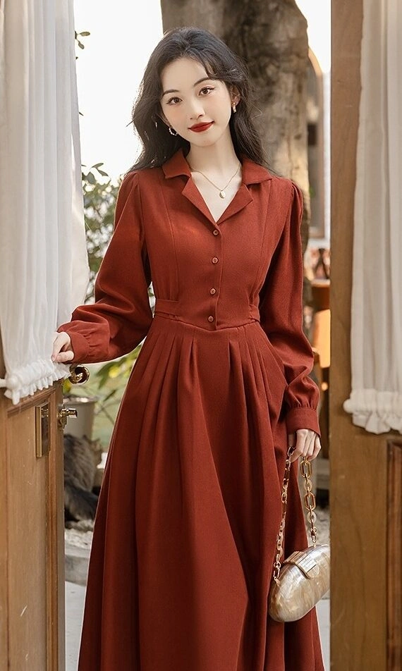 princess polly baby blue dress Red Retro V-Neck Collared Long Sleeve Dress