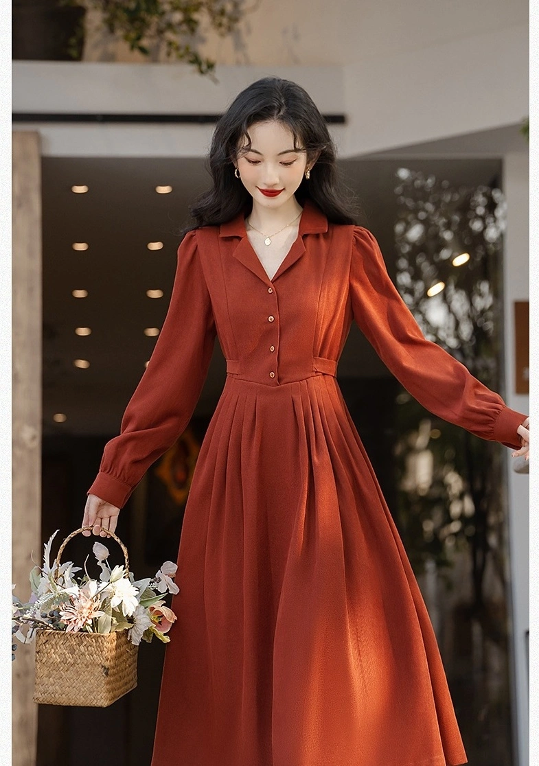 Red Retro V-Neck Collared Long Sleeve Dress | The Other Aesthetic