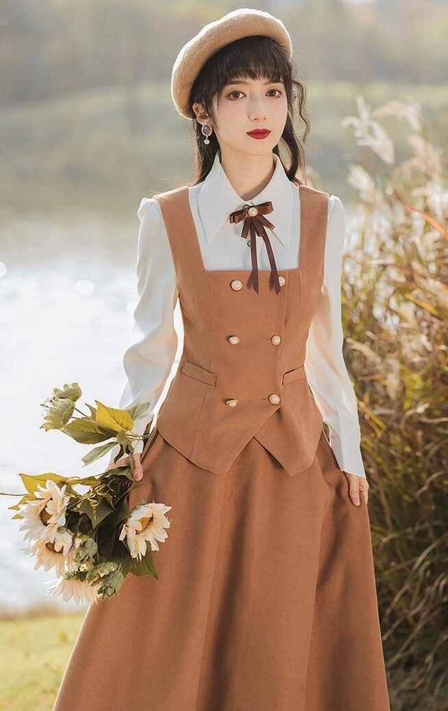 White Collared Shirt With Brown Vest and Skirt | The Other Aesthetic