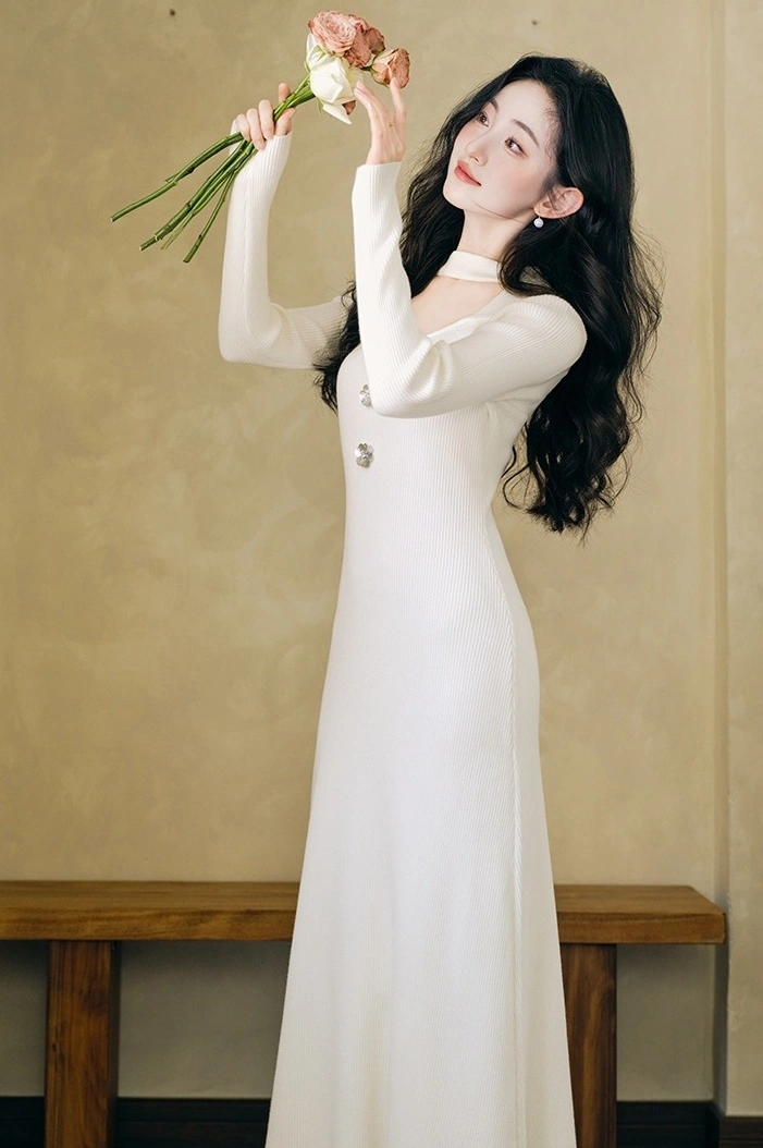 White Halter Neck Long Sleeve Dress | The Other Aesthetic