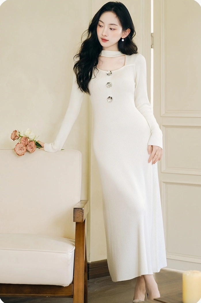 White Halter Neck Long Sleeve Dress | The Other Aesthetic