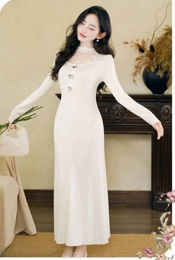 slim fit dress slacks Halter neck light grey crêpe dress with crystal embroidery main image 0